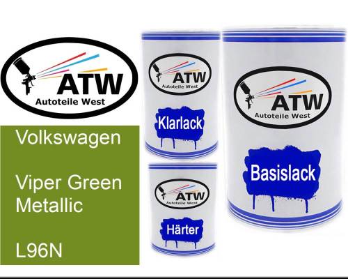 Volkswagen, Viper Green Metallic, L96N: 500ml Lackdose + 500ml Klarlack + 250ml Härter - Set, von ATW Autoteile West.